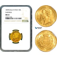 AJ801, Italy, Sardinia, Vitt. Emanuele II, 20 Lire 1859 Eagle B, Turin Mint, Gold, NGC MS61