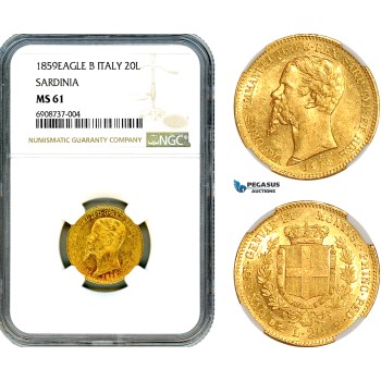 AJ801, Italy, Sardinia, Vitt. Emanuele II, 20 Lire 1859 Eagle B, Turin Mint, Gold, NGC MS61