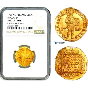 AJ802, Netherlands, Ducat 1729, Gold, NGC UNC Det.