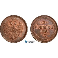 AJ830, Russia, Alexander II, 3 Kopeks 1864 EM, Ekaterinburg Mint, Cleaned AU-UNC