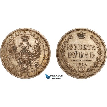 AJ833, Russia, Nicholas I, 1 Rouble 1854 СПБ-НІ, St. Petersburg Mint, Silver, Lightly cleaned XF