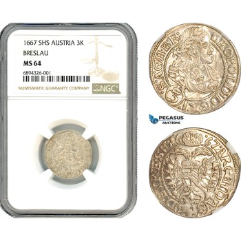 AJ836, Austria, Silesia, Leopold I, 3 Kreuzer 1667, Breslau Mint (Poland) Silver, NGC MS64