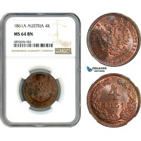 AJ838, Austria, Franz Joseph, 4 Kreuzer 1861 A, Vienna Mint, NGC MS64BN