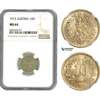 AJ839, Austria, Franz Joseph, 10 Heller 1915, Vienna Mint, NGC MS64