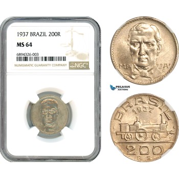 AJ841, Brazil, Maua, 200 Reis 1937, Rio de Janeiro Mint, NGC MS64