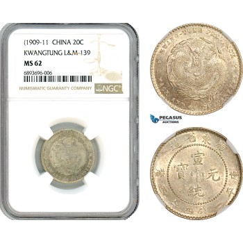 AJ844, China, Kwangtung, 20 Cents ND (1909-11) Silver, L&M-139, NGC MS62