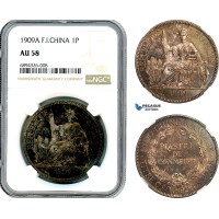 AJ851, French Indo-China, 1 Piastre 1909 A, Paris Mint, Silver, NGC AU58