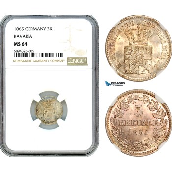 AJ852, Germany, Bavaria, Ludwig II, 3 Kreuzer 1865, Munich Mint, Silver, NGC MS64