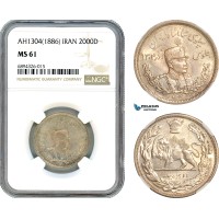 AJ858, Iran, Reza Shah, 2000 Dinars AH1304 (1925) Silver, NGC MS61 (Slab error as 1886) 