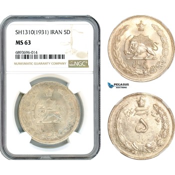 AJ859, Iran, Reza Shah, 5 Dinars SH1310 (1931) Silver, NGC MS63