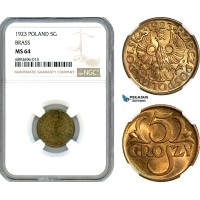 AJ861, Poland, 5 Groszy 1923, Brass, Warsaw Mint, NGC MS64