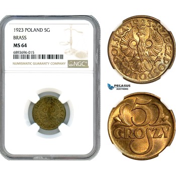 AJ861, Poland, 5 Groszy 1923, Brass, Warsaw Mint, NGC MS64