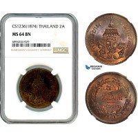 AJ866, Thailand, Rama V, 2 Att CS1236 (1874) NGC MS64BN