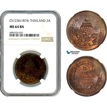 AJ866, Thailand, Rama V, 2 Att CS1236 (1874) NGC MS64BN