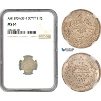 AJ868, Ottoman Empire, Egypt, Abdülhamid II, 1 Qirsh AH1293//33 H, Heaton Mint, Silver, NGC MS64