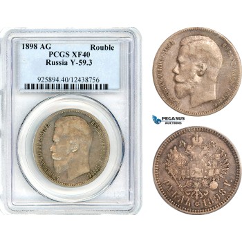 AJ870, Russia, Nicholas II, 1 Rouble 1898 АГ, St. Petersburg Mint, Silver, PCGS XF45