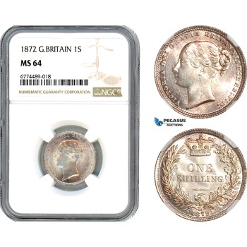 AJ879, Great Britain, Victoria, 1 Shilling 1872, London Mint, Silver, NGC MS64