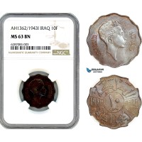 A9-268, Iraq, Faisal II, 10 Fils AH1362//1943 I, Bombay Mint, KM# 108, NGC MS63BN