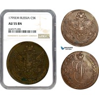 A9-346, Russia, Catherine II, 5 Kopeks 1795 EM, Ekaterinburg Mint, Bitkin# 649, overstruck on an older 5 Kopeks, NGC AU55BN