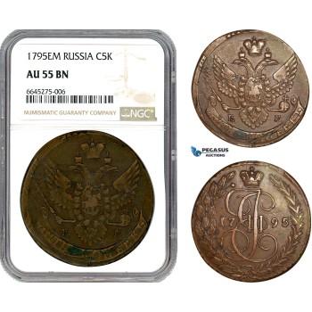 A9-346, Russia, Catherine II, 5 Kopeks 1795 EM, Ekaterinburg Mint, Bitkin# 649, overstruck on an older 5 Kopeks, NGC AU55BN