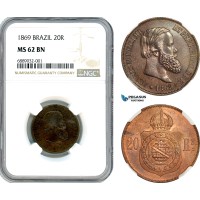 AJ915, Brazil, Pedro II, 20 Reis 1869, Rio de Janeiro Mint, NGC MS62BN