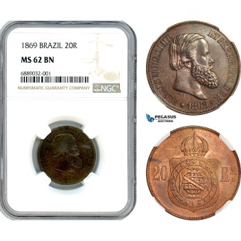 AJ915, Brazil, Pedro II, 20 Reis 1869, Rio de Janeiro Mint, NGC MS62BN