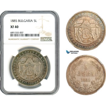 AJ916, Bulgaria, Alexander I, 5 Leva 1885, St. Petersburg Mint, Silver, NGC XF40