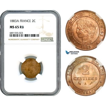 AJ922, France, Third Republic, 2 Centimes 1883 A, Paris Mint, NGC MS65RB, Pop 1/0