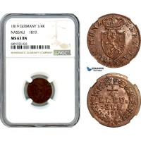 AJ924, Germany, Nassau, William, 1/4 Kreuzer 1819, Wiesbaden Mint, NGC MS63BN, Top Pop!