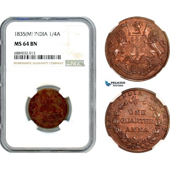 AJ928, India, East India Company, 1/4 Anna 1835 M, Madras Mint, NGC MS64BN