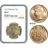 AJ931, Portugal, 50 Centavos 1916, Lisbon Mint, Silver, NGC MS64