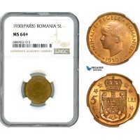 AJ933, Romania, Mihai I, 5 Lei 1930, Paris Mint, NGC MS64+ 