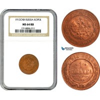 AJ936, Russia, Nicholas II, 1 Kopek 1912 СПБ, St. Petersburg Mint, NGC MS64RB