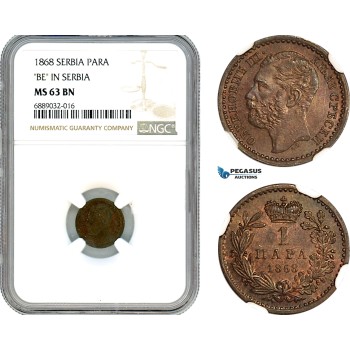 AJ938, Serbia, M. Obrenovic III, 1 Para 1868 "BE in Serbia" NGC MS63BN