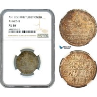 AJ941, Turkey (Ottoman Empire) Ahmed III, Onluk AH1115 (1703) Silver, NGC AU58, Pop 1/0