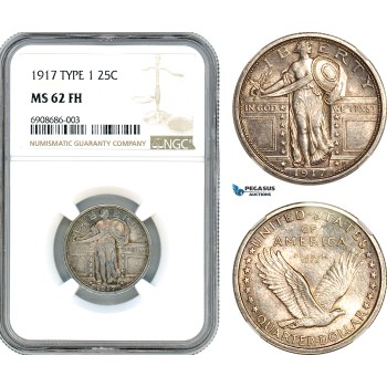 AJ943, United States, Standing Liberty Quarter (25c) 1917, Type 1, Philadelphia Mint, Silver, NGC MS62FH