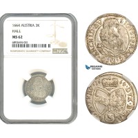 AJ944, Austria, Sigismund Franz, 3 Kreuzer 1664, Hall Mint, Silver, NGC MS62