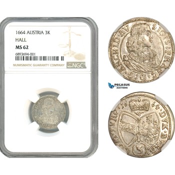 AJ944, Austria, Sigismund Franz, 3 Kreuzer 1664, Hall Mint, Silver, NGC MS62