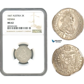 AJ945, Austria, Leopold I, 3 Kreuzer 1667, Vienna Mint, Silver, NGC MS62