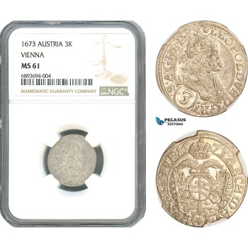 AJ947, Austria, Leopold I, 3 Kreuzer 1673, Vienna Mint, Silver, NGC MS61