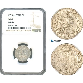 AJ948, Austria, Leopold I, 3 Kreuzer 1675, Hall Mint, Silver, NGC MS61