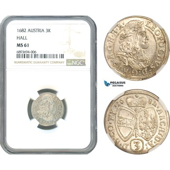 AJ949, Austria, Leopold I, 3 Kreuzer 1682, Hall Mint, Silver, NGC MS61