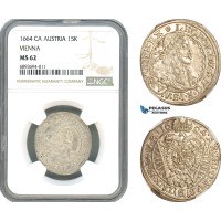 AJ954, Austria, Leopold I, 15 Kreuzer 1664, Vienna Mint, Silver, NGC MS62