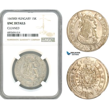 AJ957, Hungary, Leopold I, 15 Krajczar 1665 KB, Kremnitz Mint, Silver, NGC UNC Details