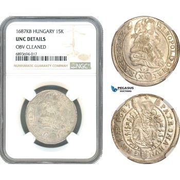 AJ960, Hungary, Leopold I, 15 Krajczar 1687 KB, Kremnitz Mint, Silver, NGC UNC Details