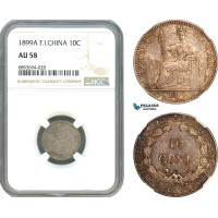 AJ966, French Indo-China, 10 Centimes 1899 A, Paris Mint, Silver, NGC AU58