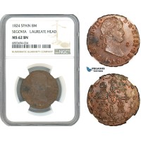 AJ970, Spain, Ferdinand VII, 8 Maravedis 1824, Laureate Head, Segovia Mint, NGC MS62BN