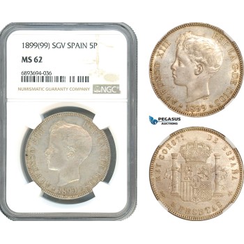 AJ971, Spain, Alfonso XIII, 5 Pesetas 1899 (99) SGV, Madrid Mint, Silver, NGC MS62