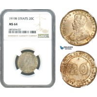 AJ972, Straits Settlements, George V, 20 Cents 1919 B, Bombay Mint, Silver, NGC MS64