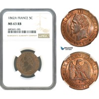 AJ978, France, Napoleon III, 5 Centimes 1862 A, Paris Mint, NGC MS63RB